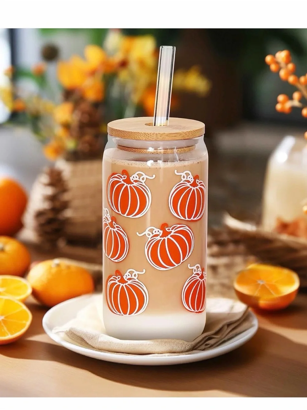 Autumn Pumpkin Glass Drinking Jar with Bamboo Lid & Straw